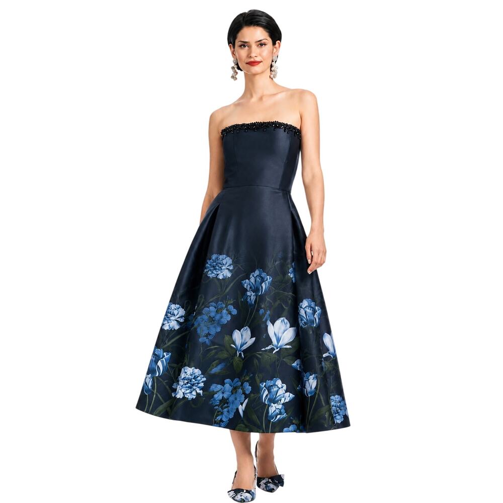 Sachin & Babi NWT Shay Tea Length Embellished Neckline Floral Gown Sample Size 0